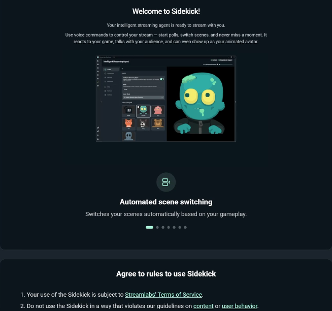 Welcome page for Streamlabs Sidekick App in Desktop